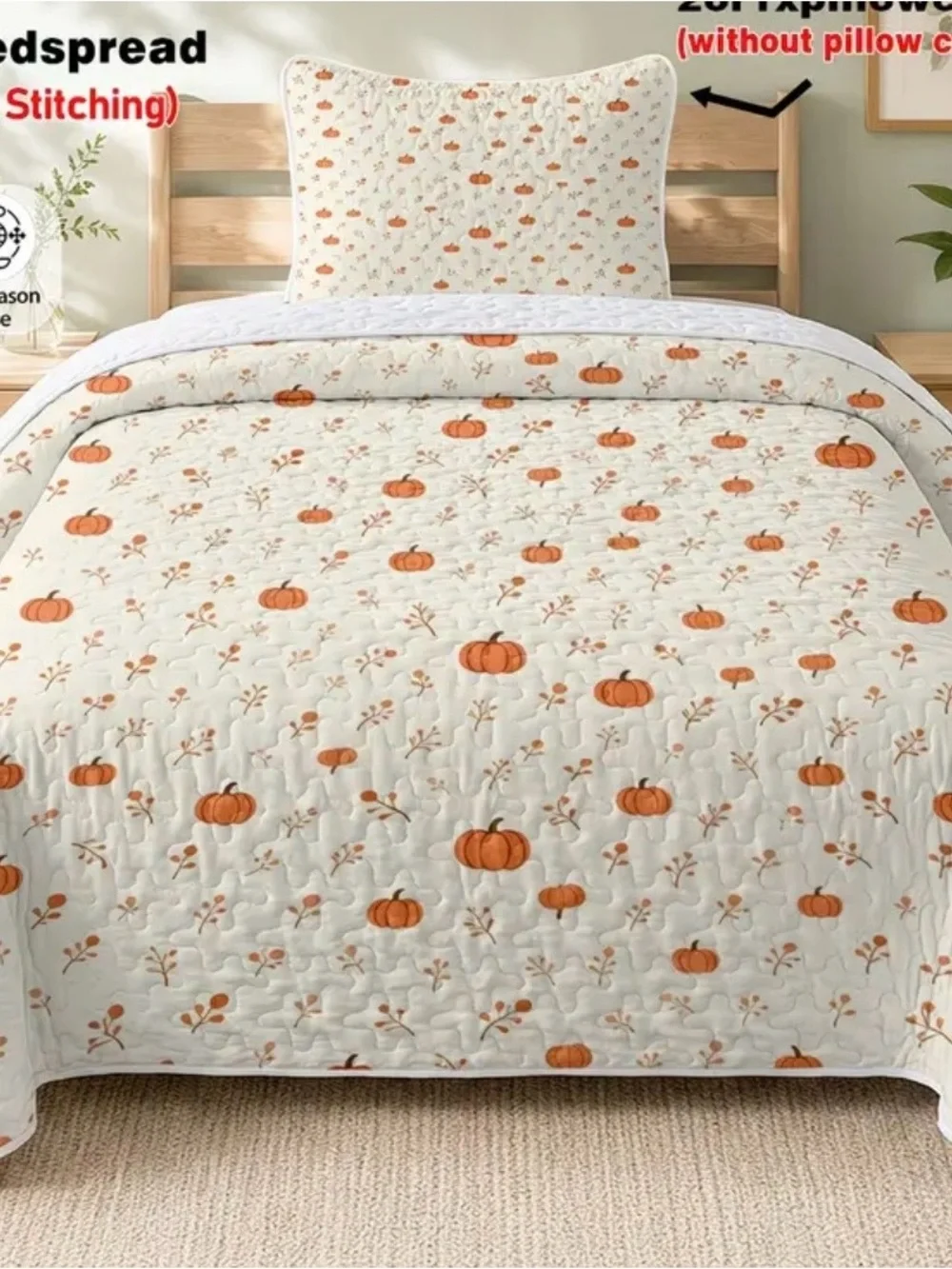 Pumpkin Print Quilted Bedspread Set - White & Orange